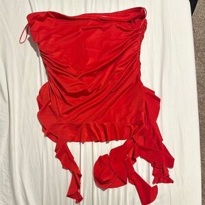 Vibrant Red Strapless Top with Ruffle Detail